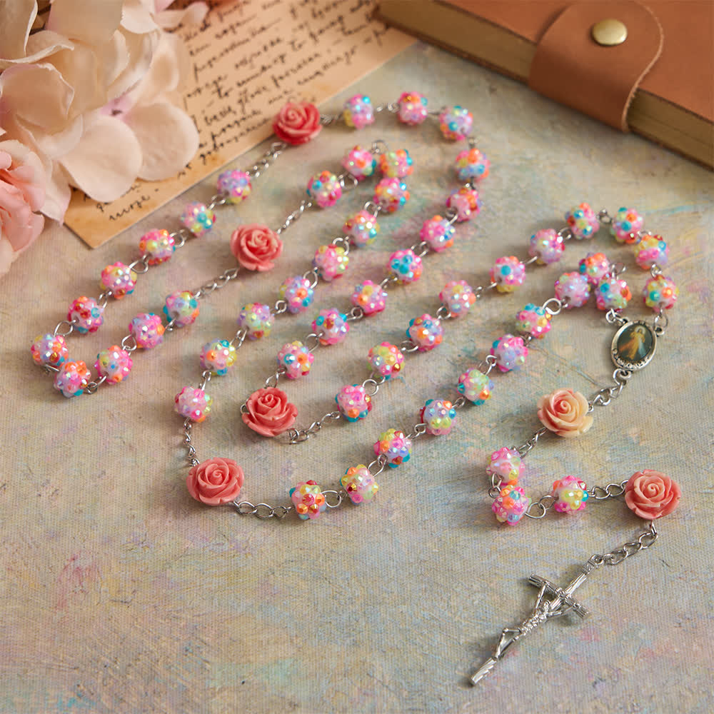 Easter Pink Rose & Sparkling Multicolor Diamond Beads Rosary with Divine Mercy