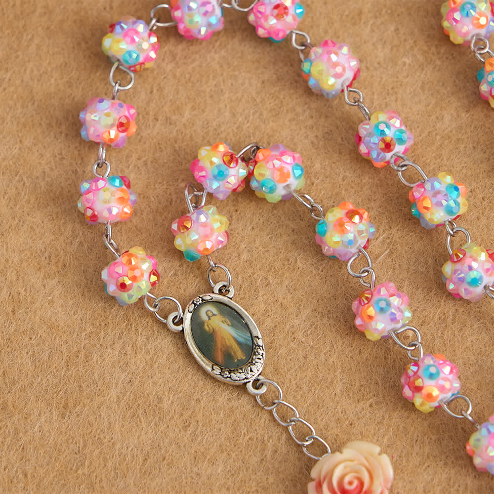 Easter Pink Rose & Sparkling Multicolor Diamond Beads Rosary with Divine Mercy