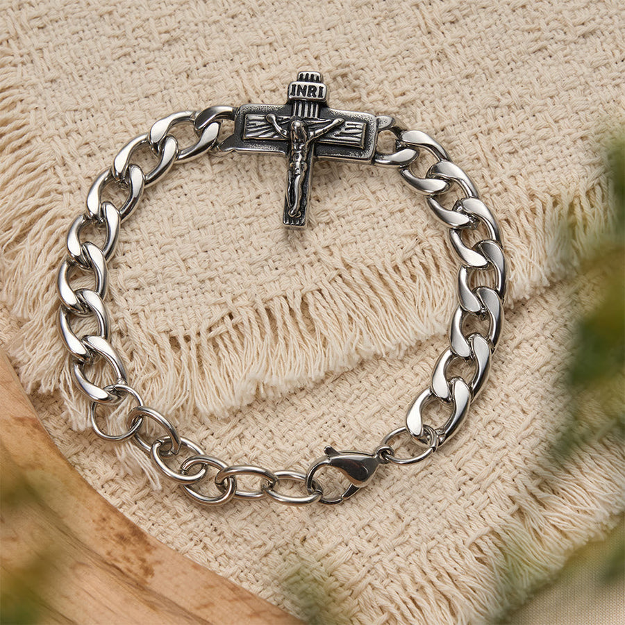 Heavy-Duty Cuban Link Crucifix Bracelet with INRI Detail