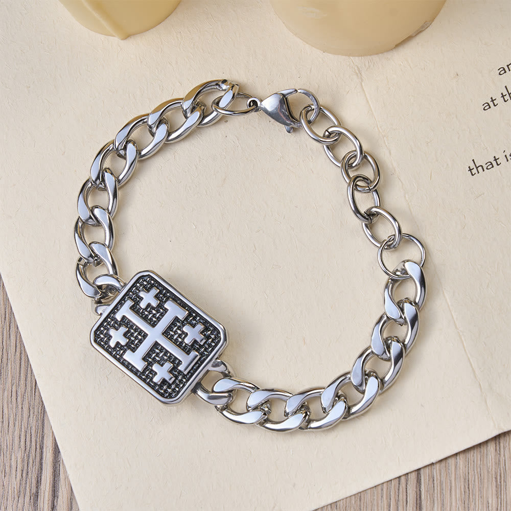 Polished Stainless Steel Jerusalem Square Cross Statement Bracelet