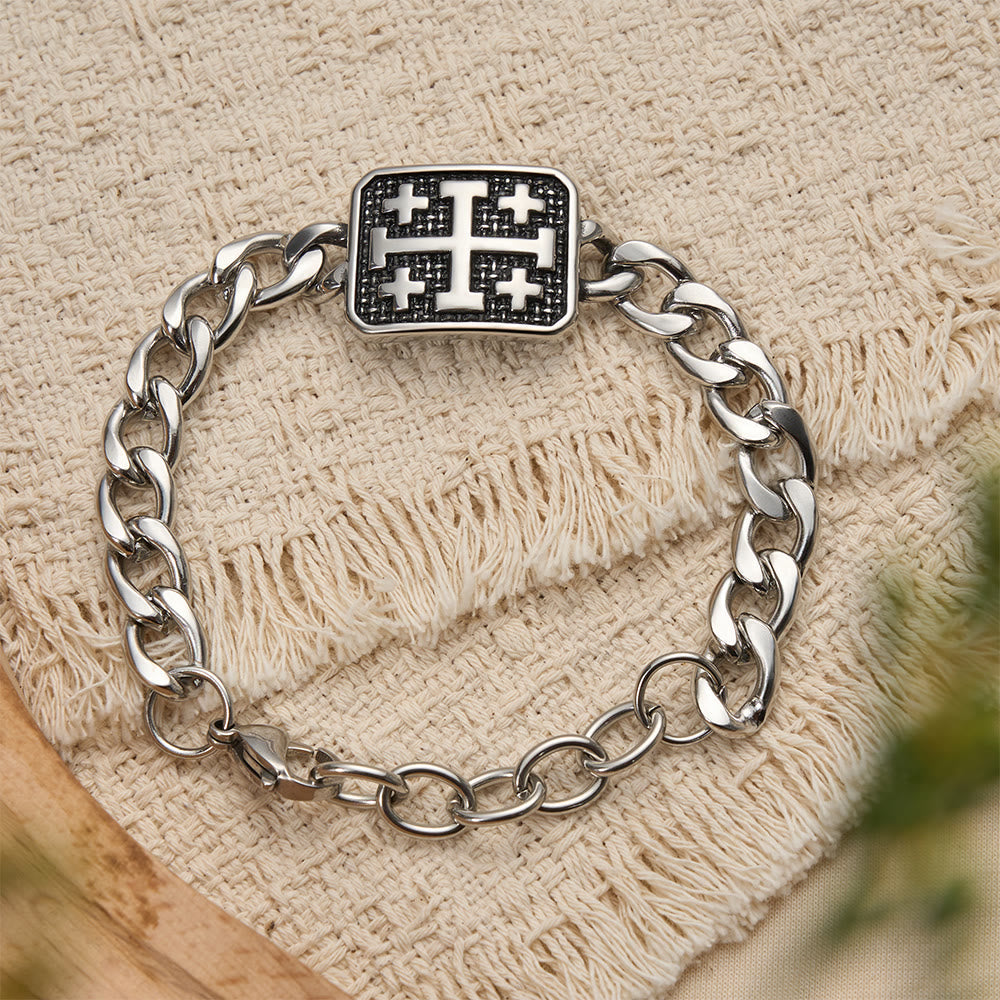 Polished Stainless Steel Jerusalem Square Cross Statement Bracelet