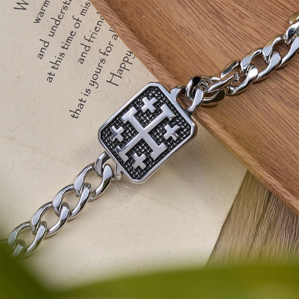Polished Stainless Steel Jerusalem Square Cross Statement Bracelet