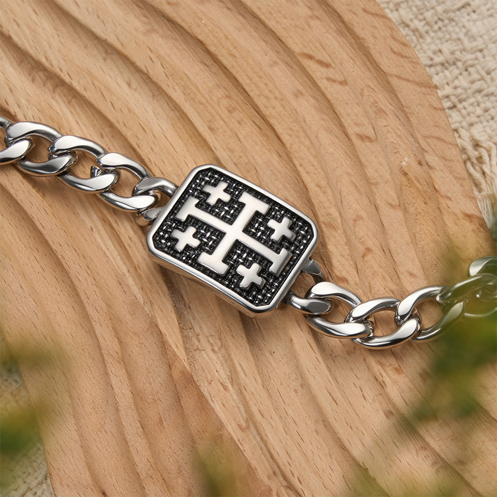 Polished Stainless Steel Jerusalem Square Cross Statement Bracelet