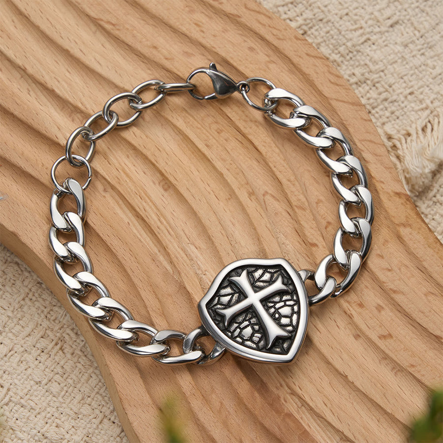 Heavy Link Textured Shield Cross Bracelet: Symbol Of Unwavering Belief & Style