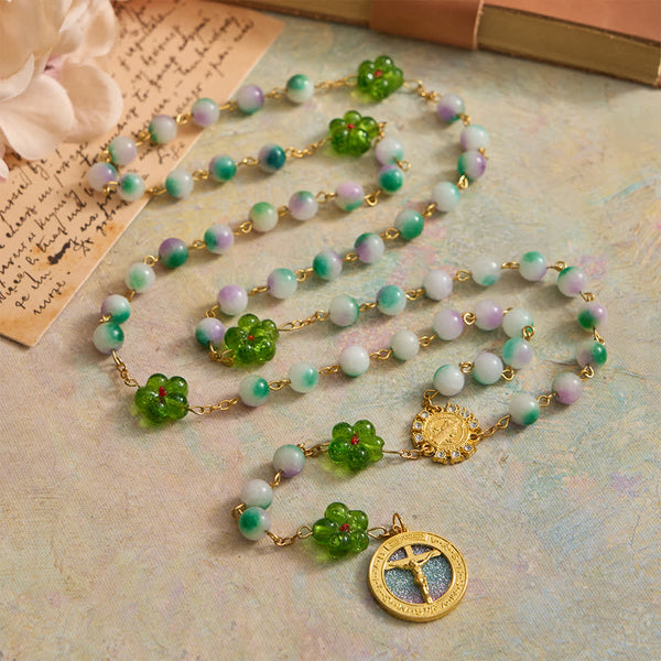 Violet Chalcedony Beads with Green Flower St. Benedict Rosary with Sparkling Crucifix