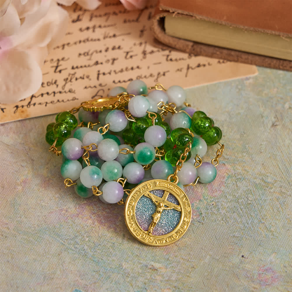 Violet Chalcedony Beads with Green Flower St. Benedict Rosary with Sparkling Crucifix