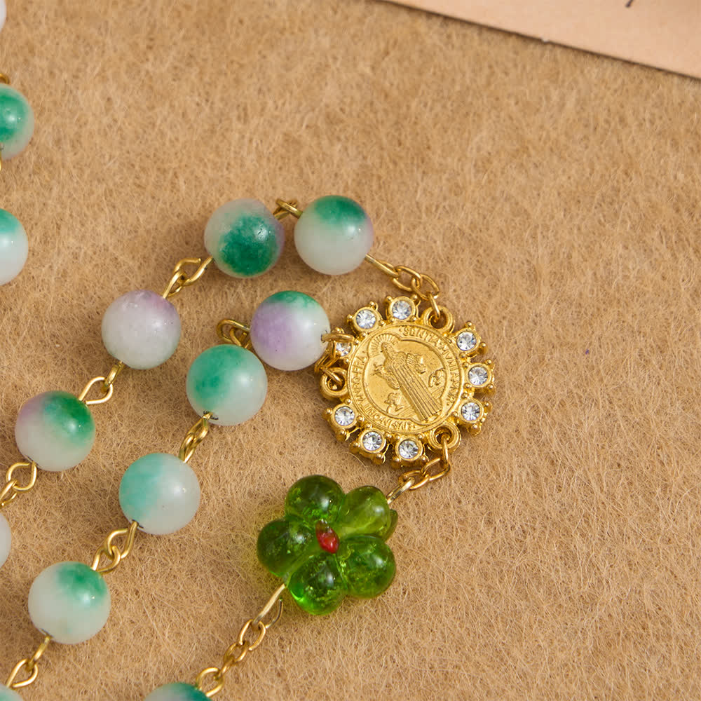 Violet Chalcedony Beads with Green Flower St. Benedict Rosary with Sparkling Crucifix