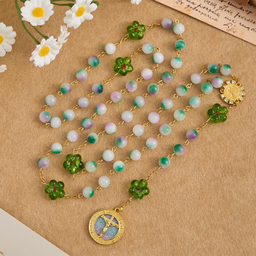 Violet Chalcedony Beads with Green Flower St. Benedict Rosary with Sparkling Crucifix