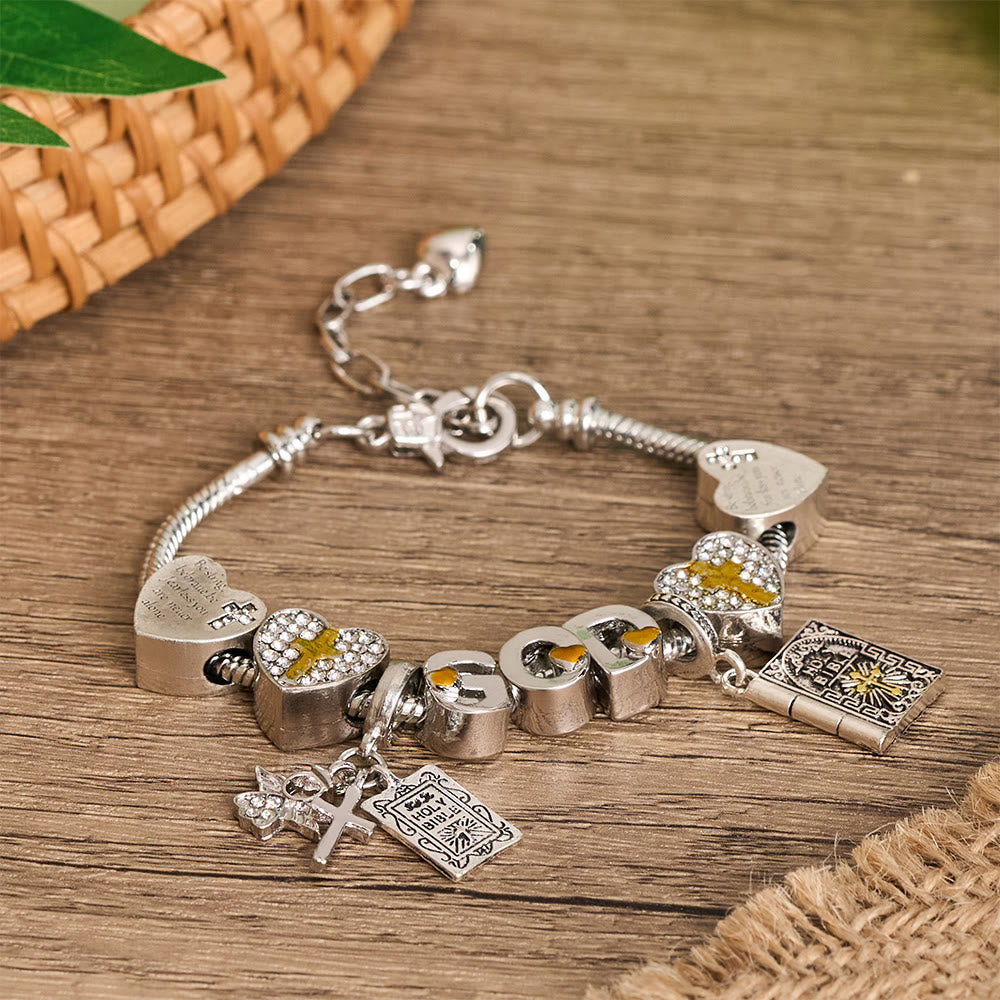 GOD & Bible Charm Bracelet with Cross and Scripture Beads: A Symbol of Unwavering Faith and Divine Love