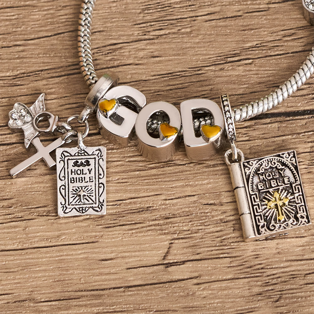 GOD & Bible Charm Bracelet with Cross and Scripture Beads: A Symbol of Unwavering Faith and Divine Love