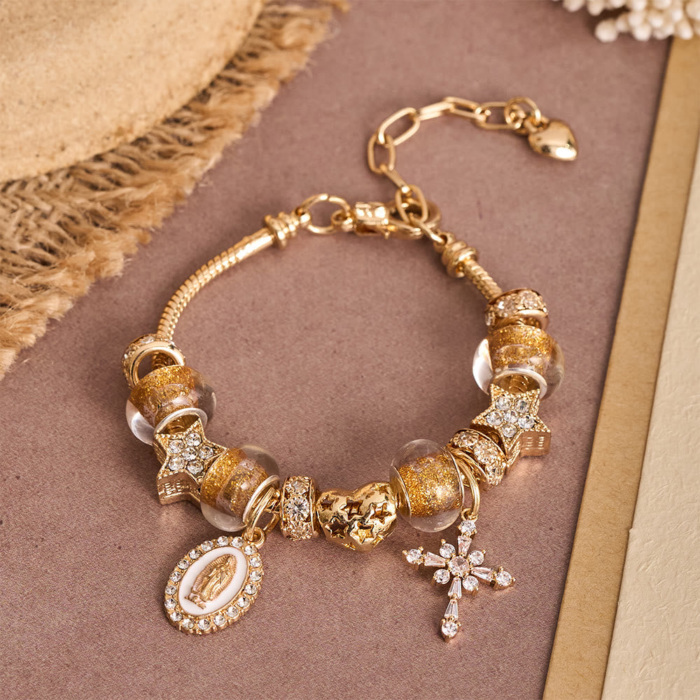 Ornate Virgin Mary & Cross Charm Bracelet: A Dazzling Symbol of Marian Grace and Redemption