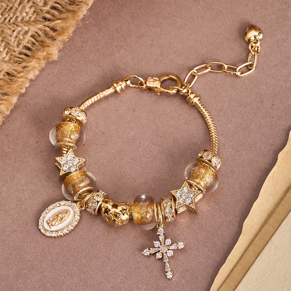Ornate Virgin Mary & Cross Charm Bracelet: A Dazzling Symbol of Marian Grace and Redemption