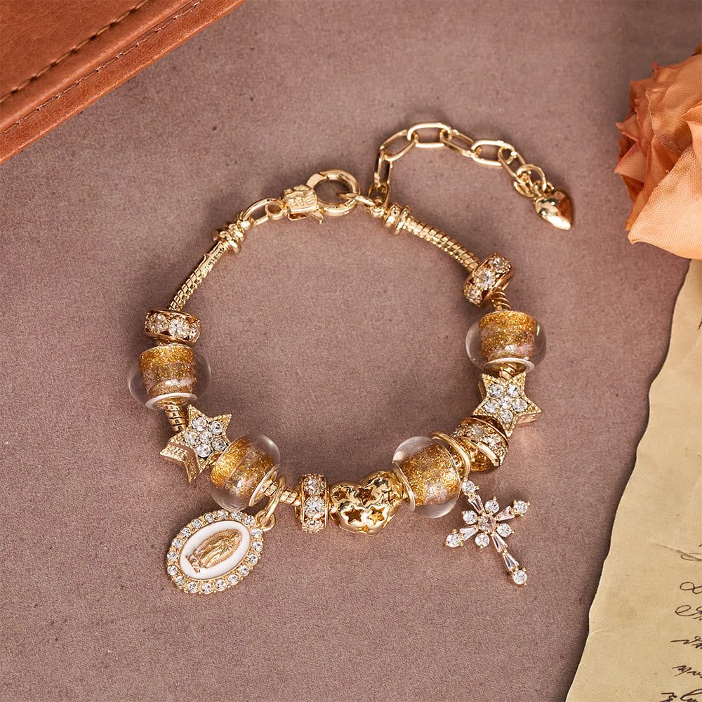 Ornate Virgin Mary & Cross Charm Bracelet: A Dazzling Symbol of Marian Grace and Redemption