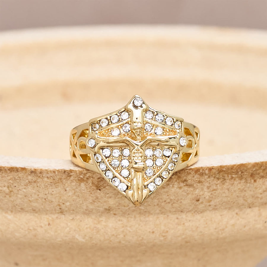 Shield-Shape Crucifix Signet Ring with Zircon Pavé: A Symbol of Faith and Divine Protection