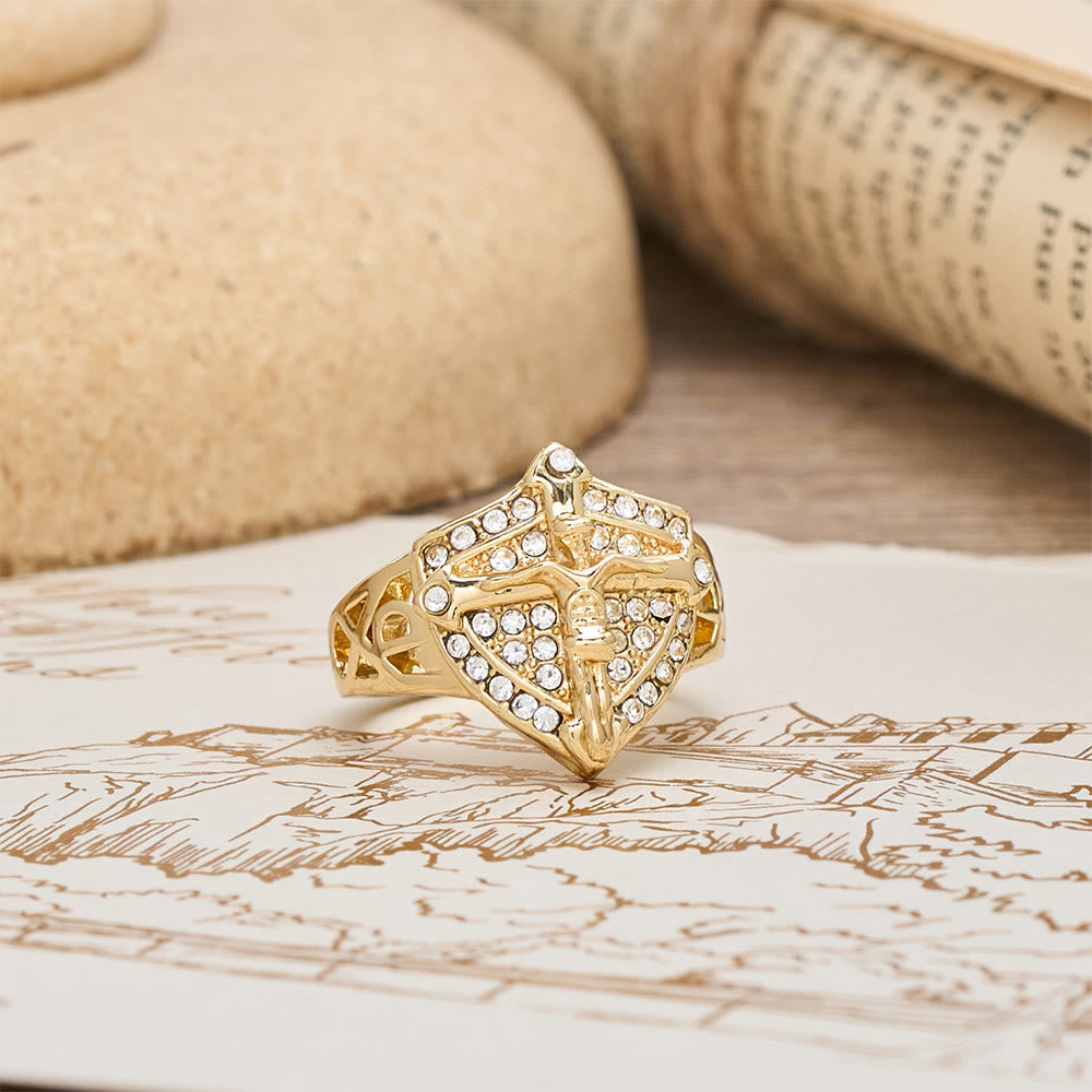 Shield-Shape Crucifix Signet Ring with Zircon Pavé: A Symbol of Faith and Divine Protection