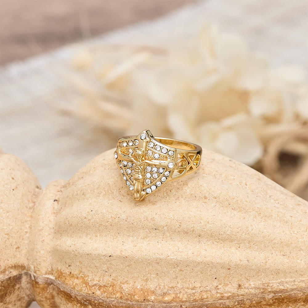 Shield-Shape Crucifix Signet Ring with Zircon Pavé: A Symbol of Faith and Divine Protection