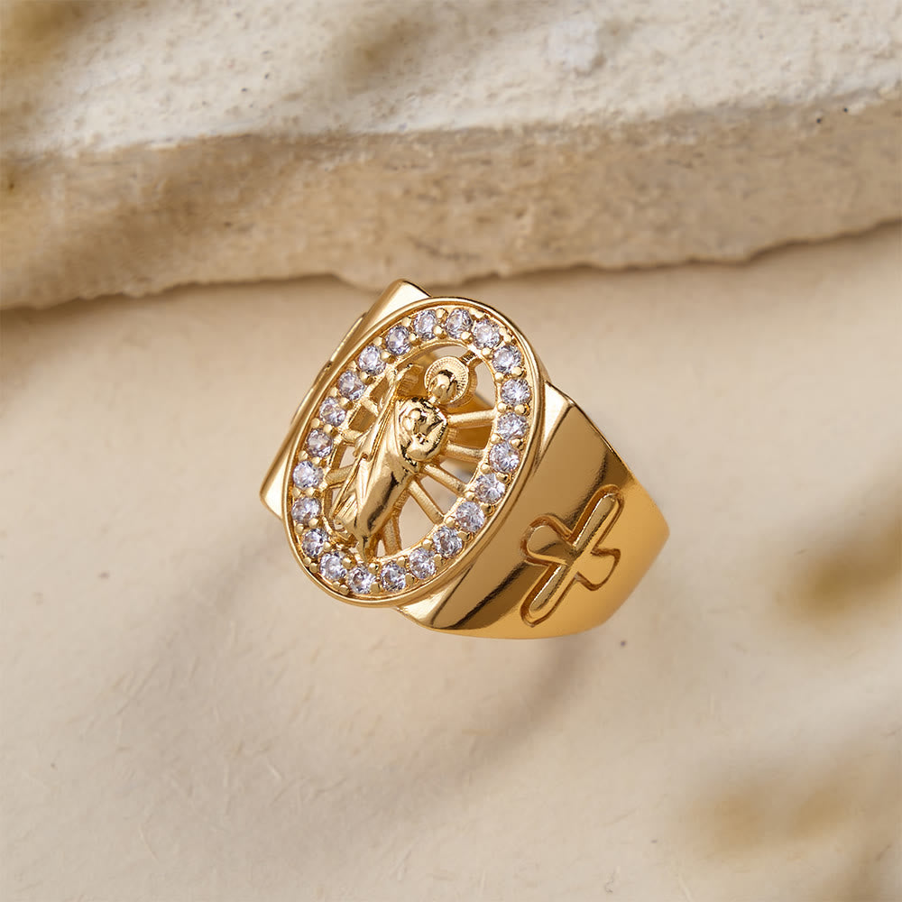 Bold St. Jude Zircon Halo Signet Ring with Side Cross: A Symbol of Hope and Divine Guidance