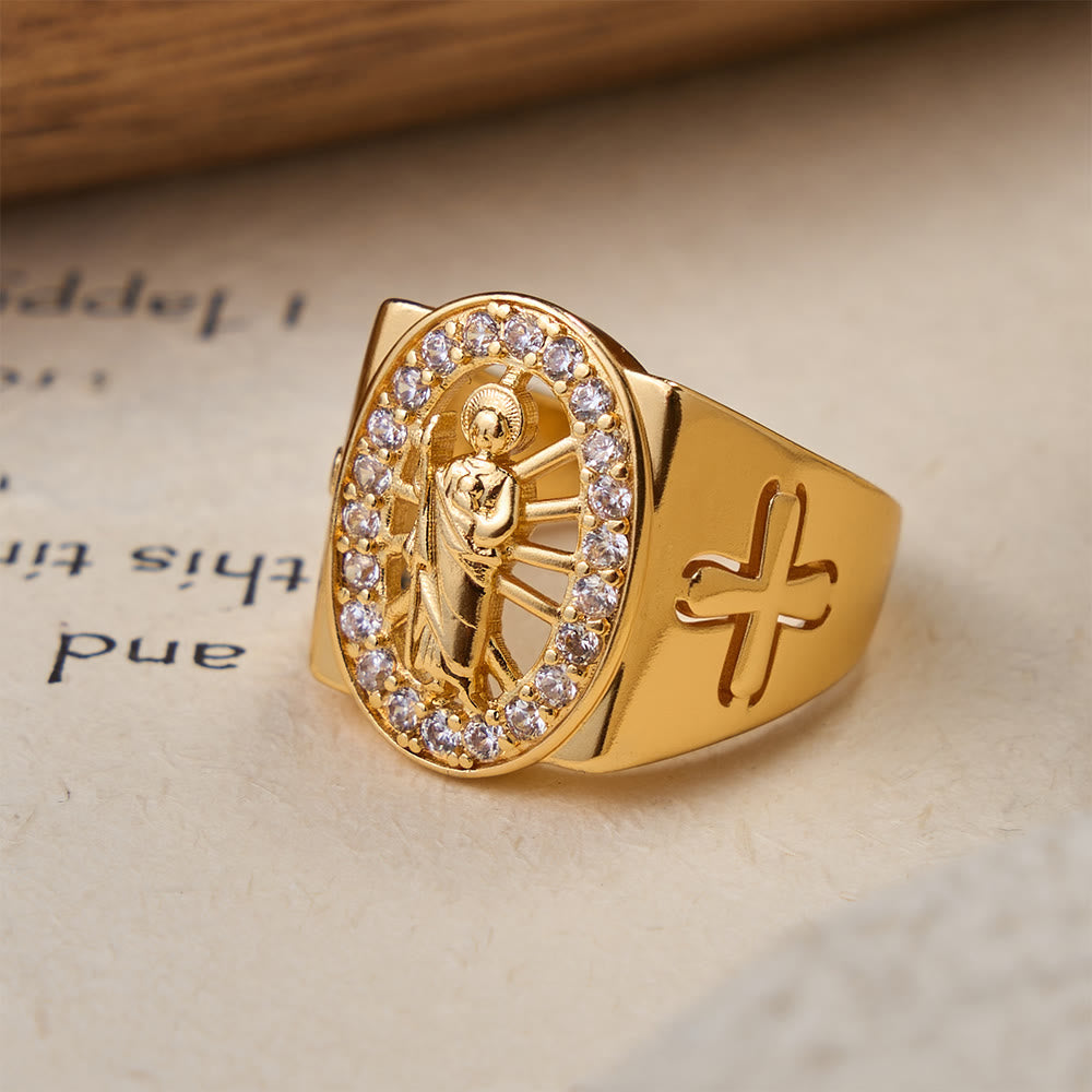 Bold St. Jude Zircon Halo Signet Ring with Side Cross: A Symbol of Hope and Divine Guidance