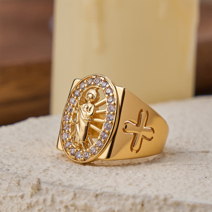 Bold St. Jude Zircon Halo Signet Ring with Side Cross: A Symbol of Hope and Divine Guidance