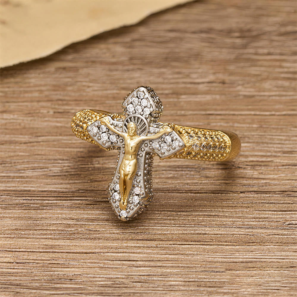 Two-Tone Zircon Pavé Crucifix Statement Ring: A Symbol of Timeless Redemptive Love