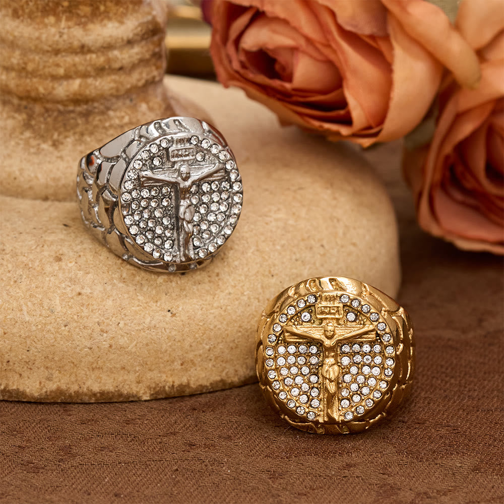 Bold INRI Crucifix Zircon Statement Ring: A Symbol of Unwavering Redemptive Faith