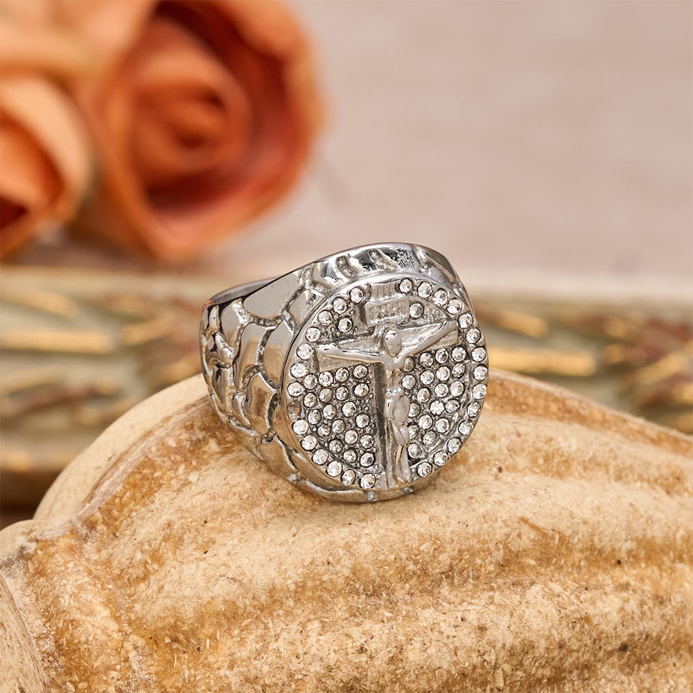 Bold INRI Crucifix Zircon Statement Ring: A Symbol of Unwavering Redemptive Faith