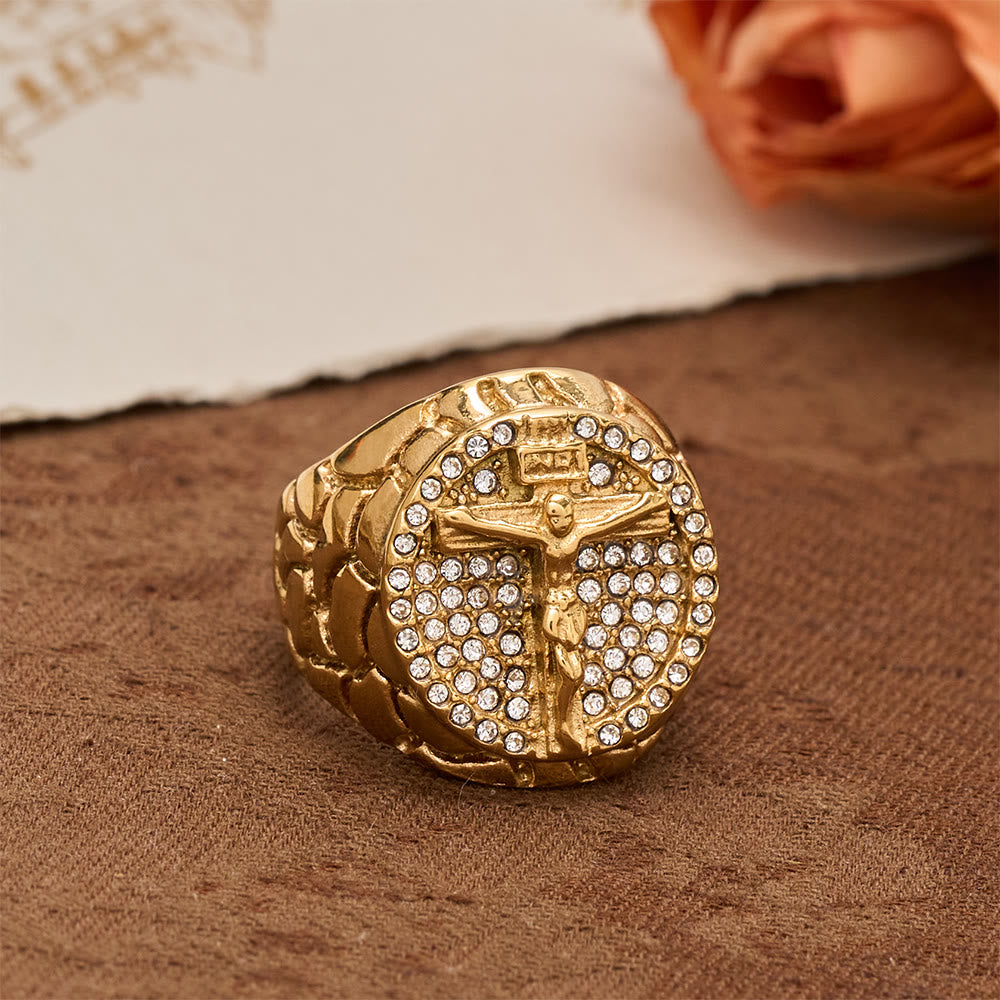 Bold INRI Crucifix Zircon Statement Ring: A Symbol of Unwavering Redemptive Faith