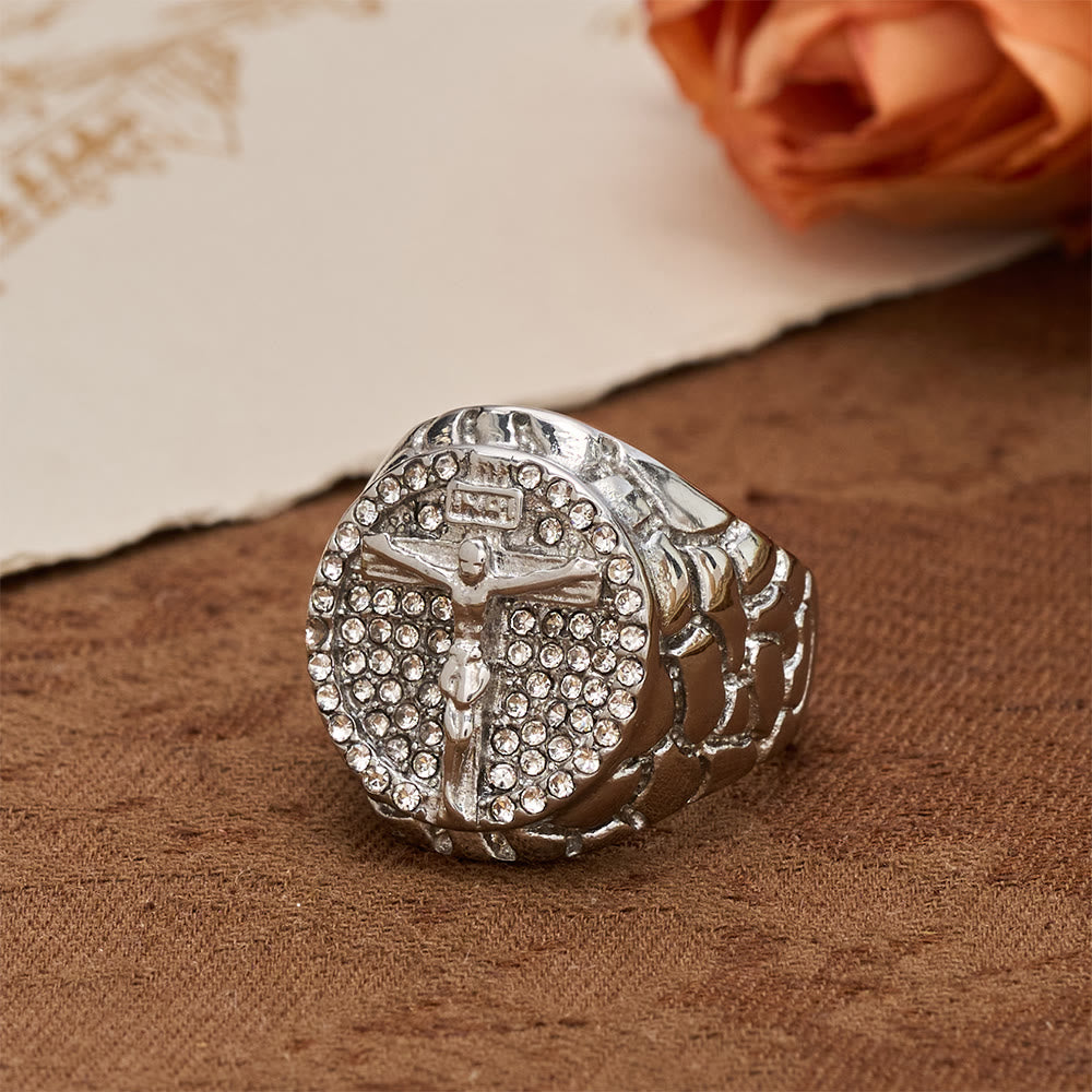 Bold INRI Crucifix Zircon Statement Ring: A Symbol of Unwavering Redemptive Faith