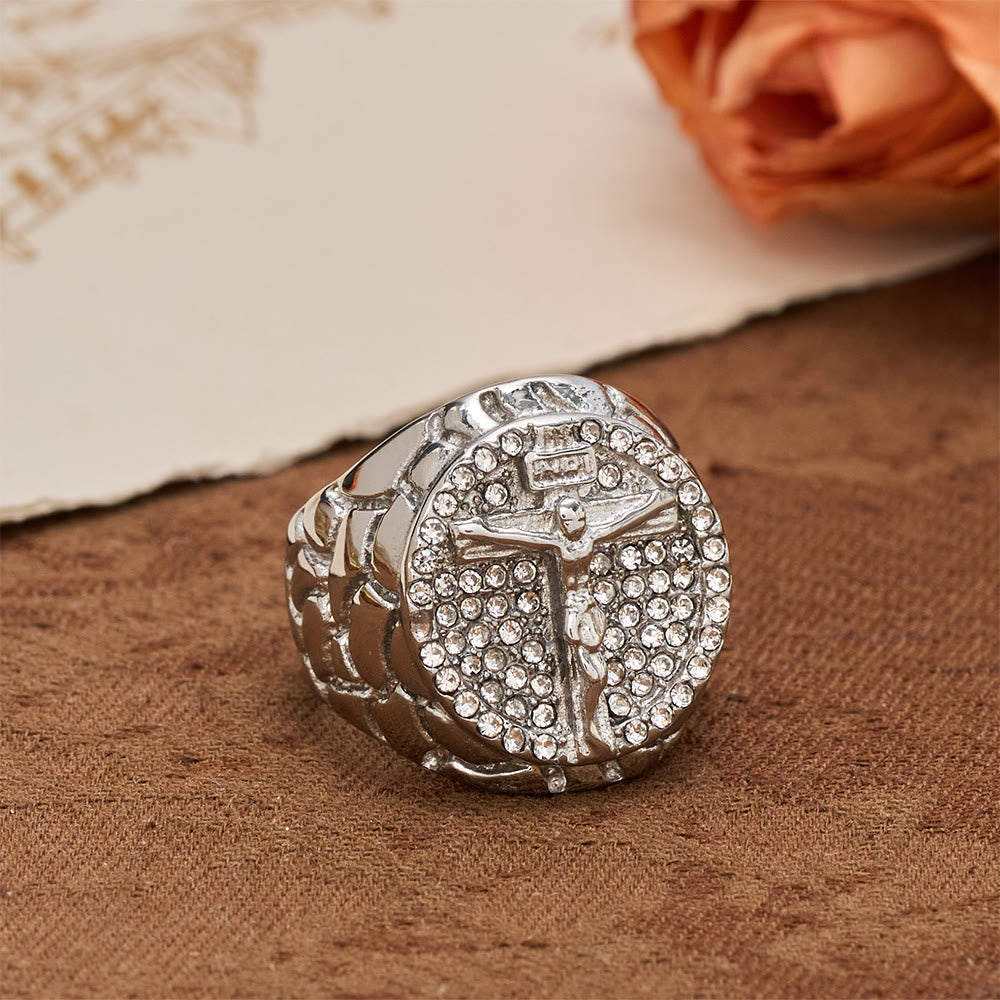 Bold INRI Crucifix Zircon Statement Ring: A Symbol of Unwavering Redemptive Faith