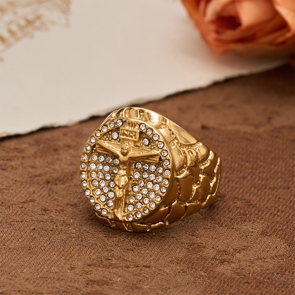 Bold INRI Crucifix Zircon Statement Ring: A Symbol of Unwavering Redemptive Faith