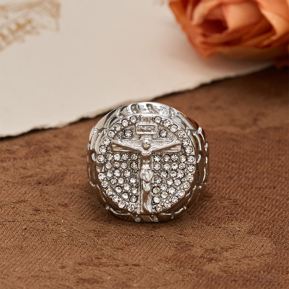 Bold INRI Crucifix Zircon Statement Ring: A Symbol of Unwavering Redemptive Faith