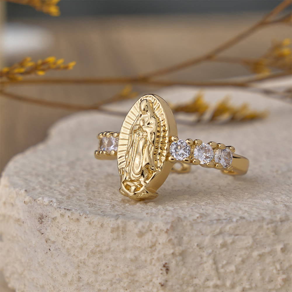 Our Lady & Cross Zircon Adjustable Ring: Symbols of Marian Grace and Redemptive Love