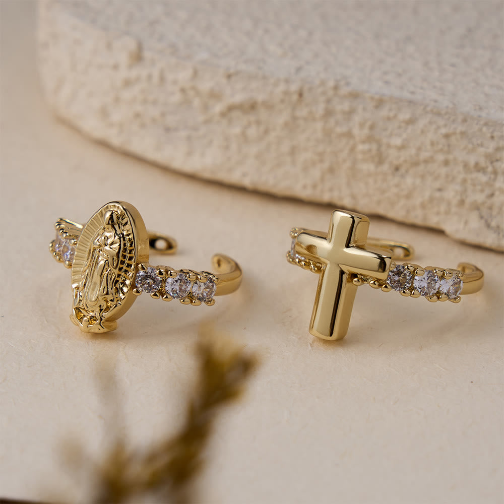 Our Lady & Cross Zircon Adjustable Ring: Symbols of Marian Grace and Redemptive Love