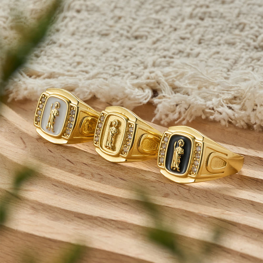 Three-Color St. Jude Signet Ring with Zircon Accents: A Symbol of Hope and Divine Guidance