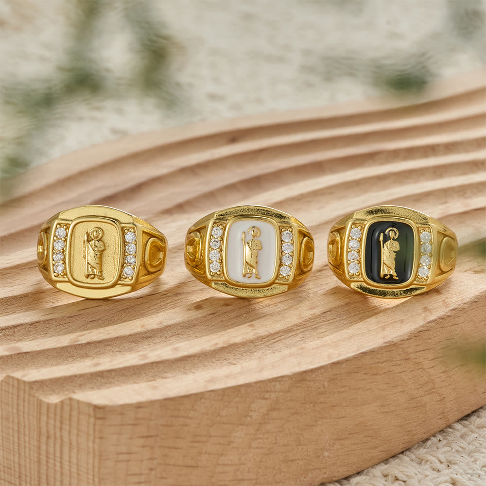 Three-Color St. Jude Signet Ring with Zircon Accents: A Symbol of Hope and Divine Guidance