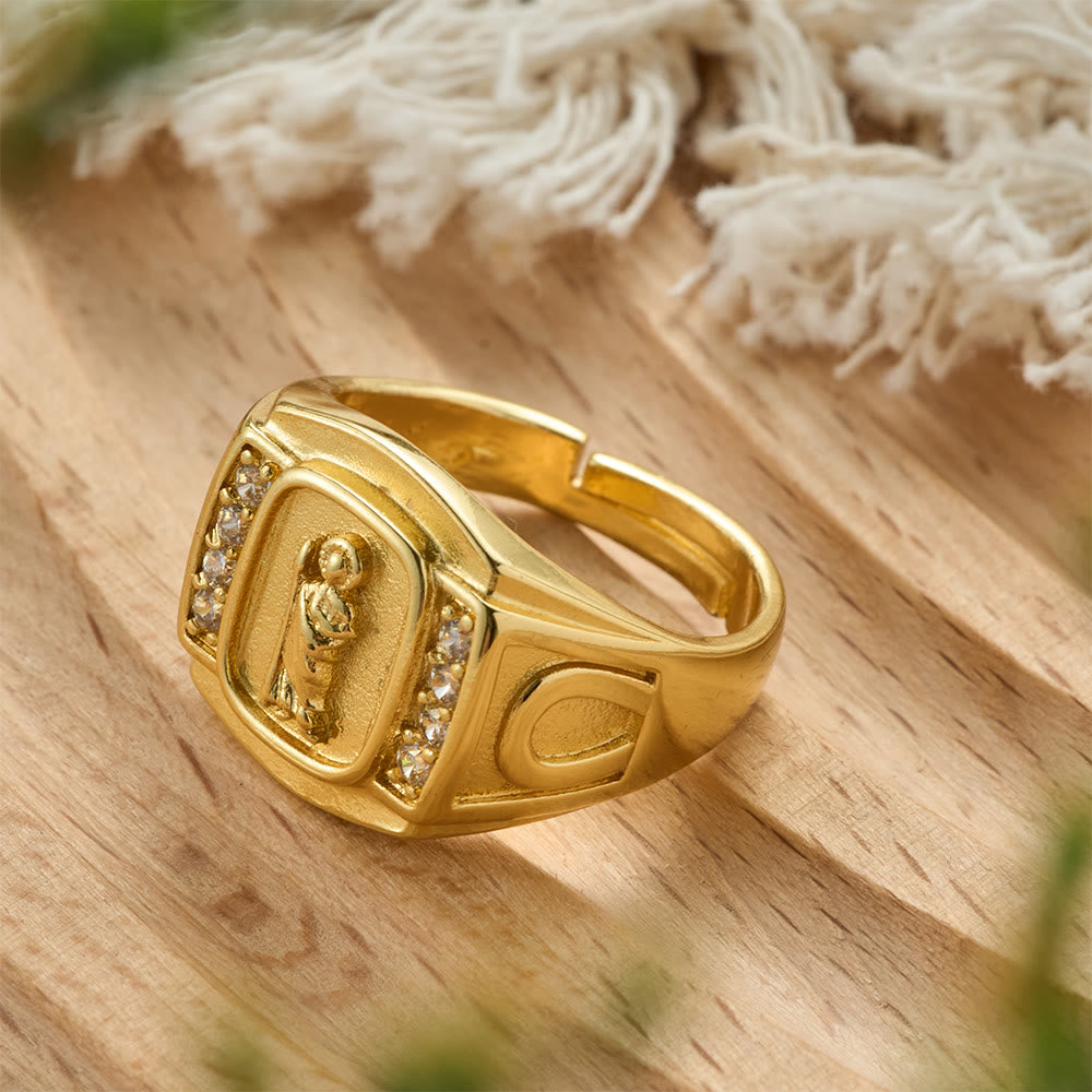 Three-Color St. Jude Signet Ring with Zircon Accents: A Symbol of Hope and Divine Guidance