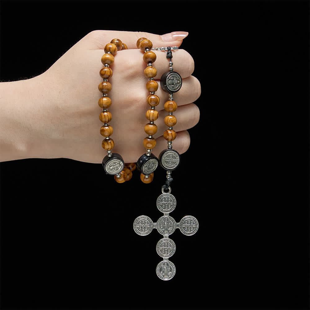 Natural Olivewood Rosary with St. Benedict Spacers and Oversized Filigree Cross