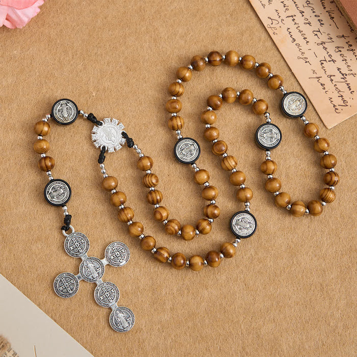 Natural Olivewood Rosary with St. Benedict Spacers and Oversized Filigree Cross