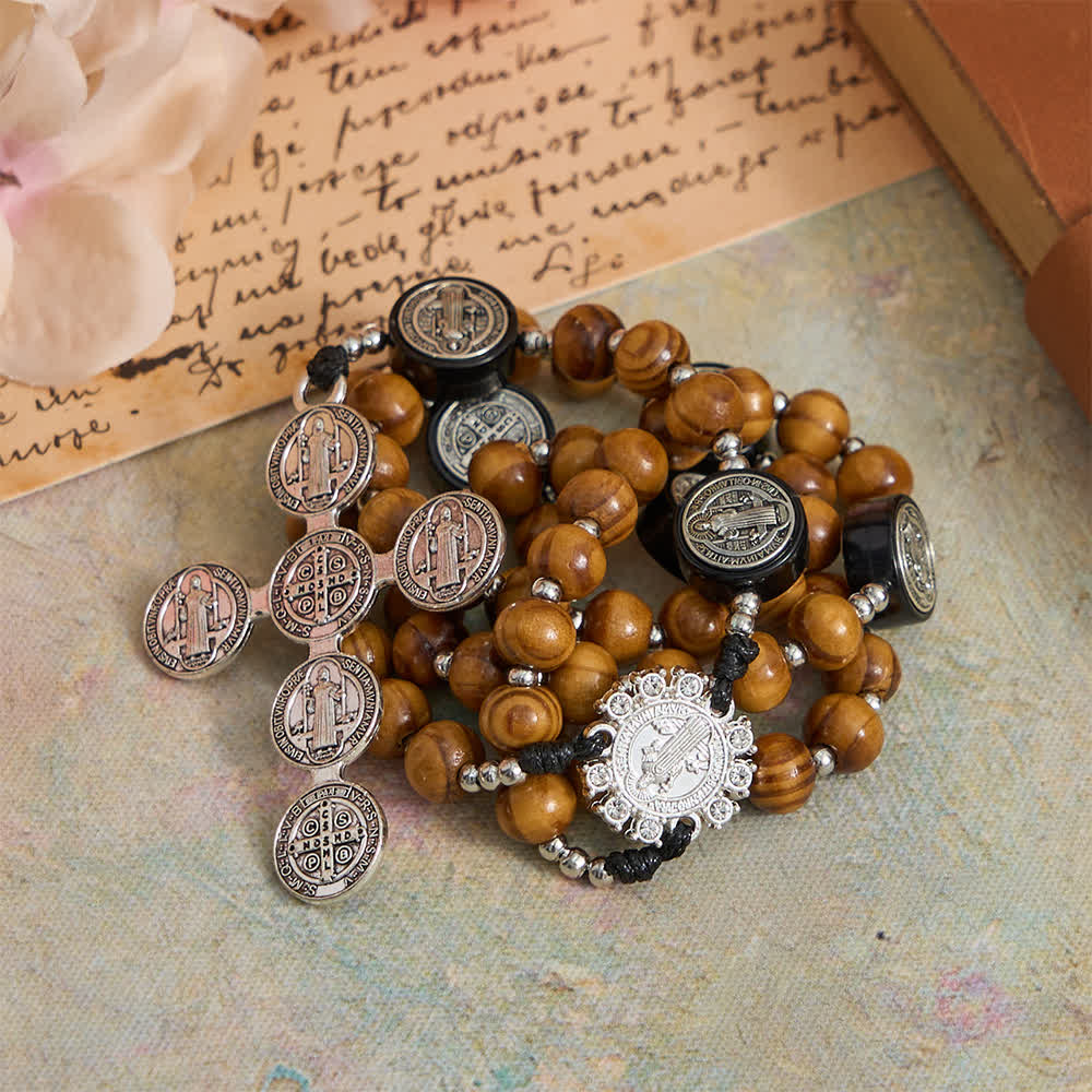 Natural Olivewood Rosary with St. Benedict Spacers and Oversized Filigree Cross