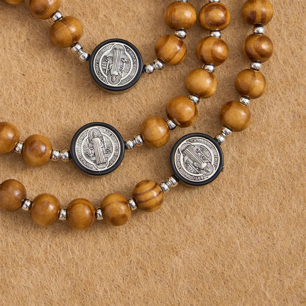 Natural Olivewood Rosary with St. Benedict Spacers and Oversized Filigree Cross