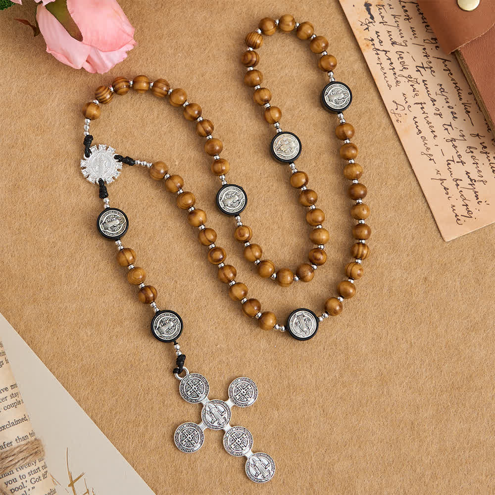 Natural Olivewood Rosary with St. Benedict Spacers and Oversized Filigree Cross
