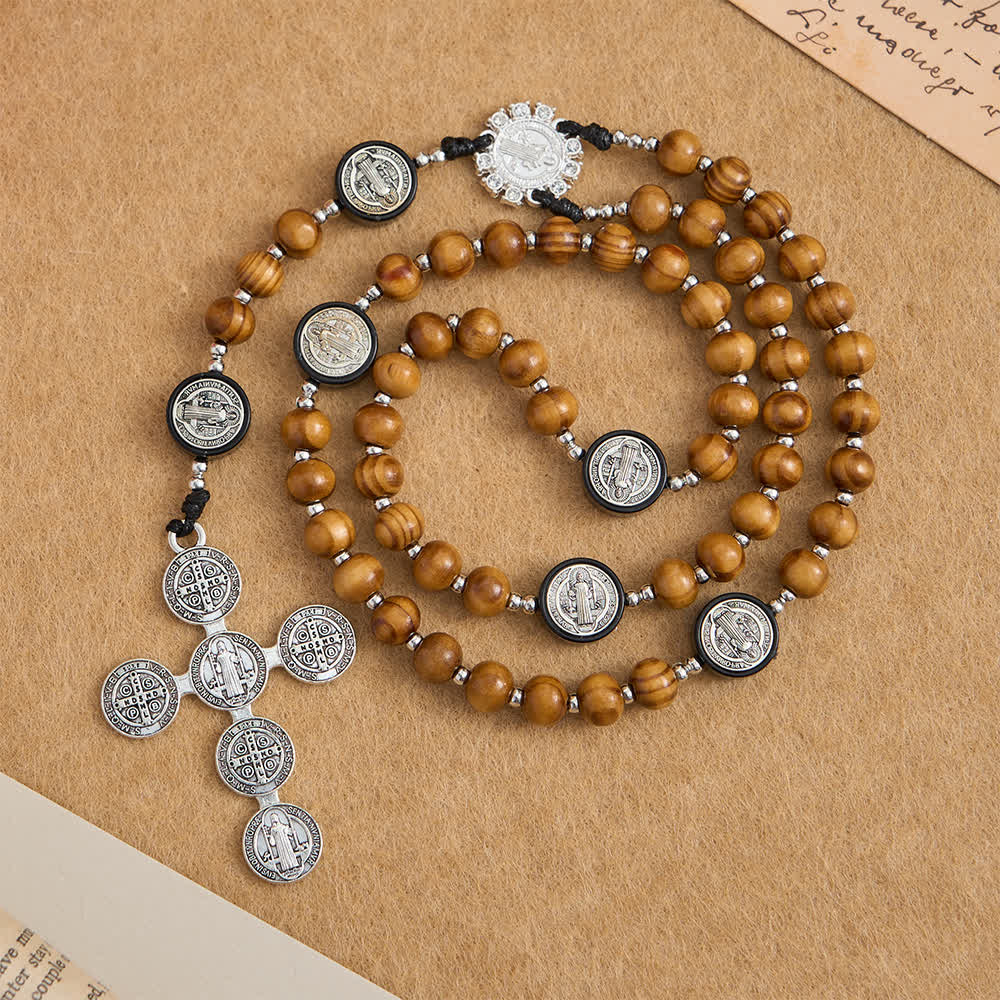 Natural Olivewood Rosary with St. Benedict Spacers and Oversized Filigree Cross