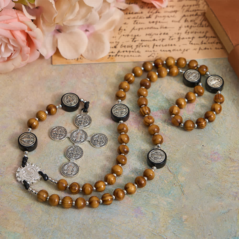 Natural Olivewood Rosary with St. Benedict Spacers and Oversized Filigree Cross