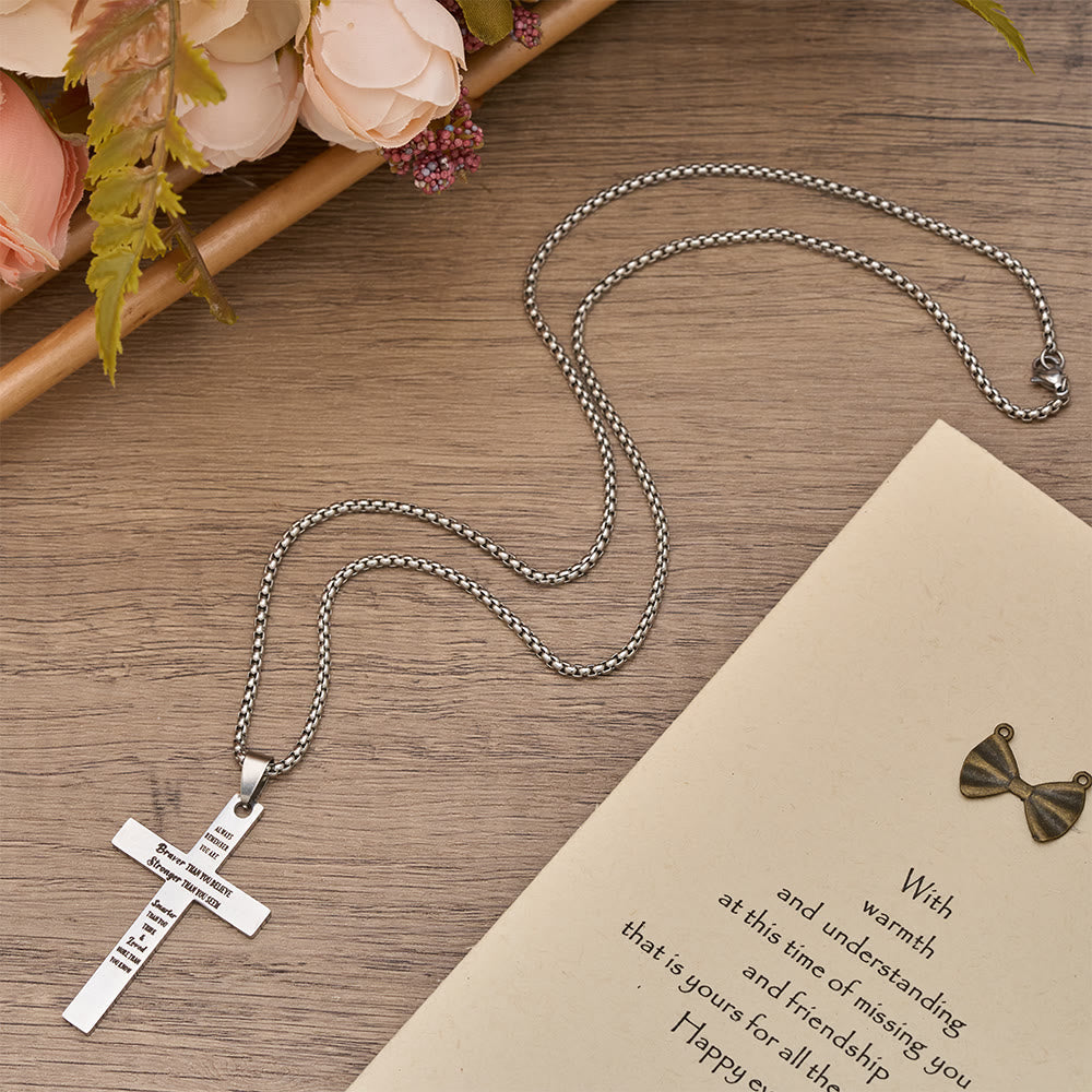 Dual-Sided Cross Pendant Necklace with Lion & Inspirational Engraving: A Symbol of Courage and Faith