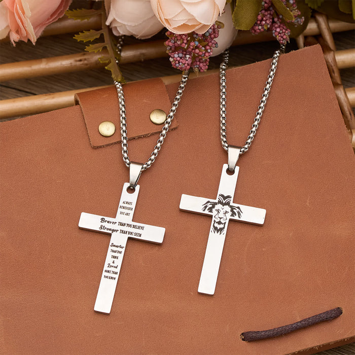 Dual-Sided Cross Pendant Necklace with Lion & Inspirational Engraving: A Symbol of Courage and Faith
