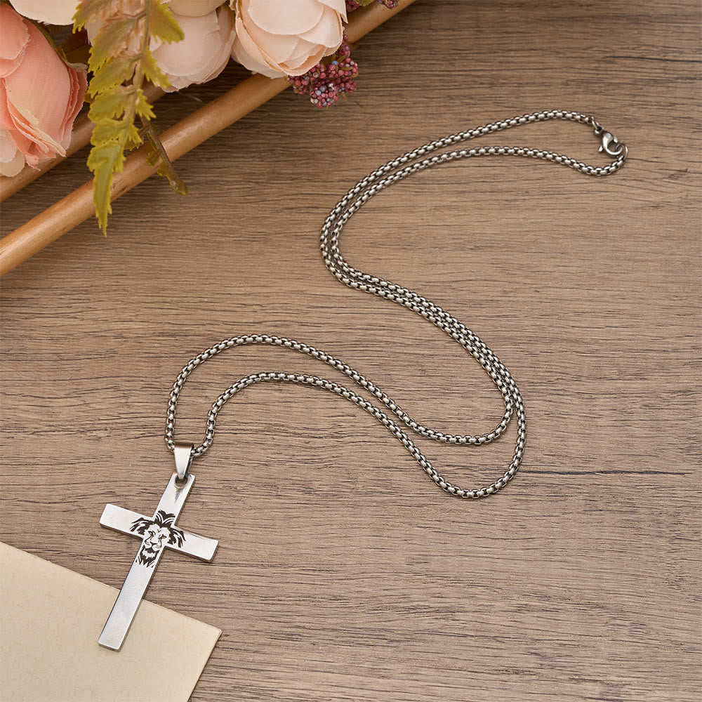 Dual-Sided Cross Pendant Necklace with Lion & Inspirational Engraving: A Symbol of Courage and Faith