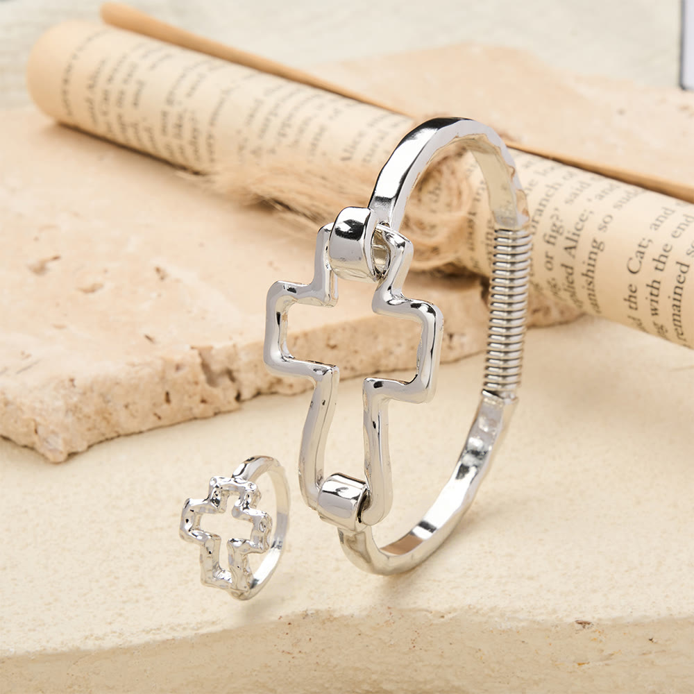 Hammered Cross Bangle & Ring Set: A Symbol of Faith and Refined Simplicity