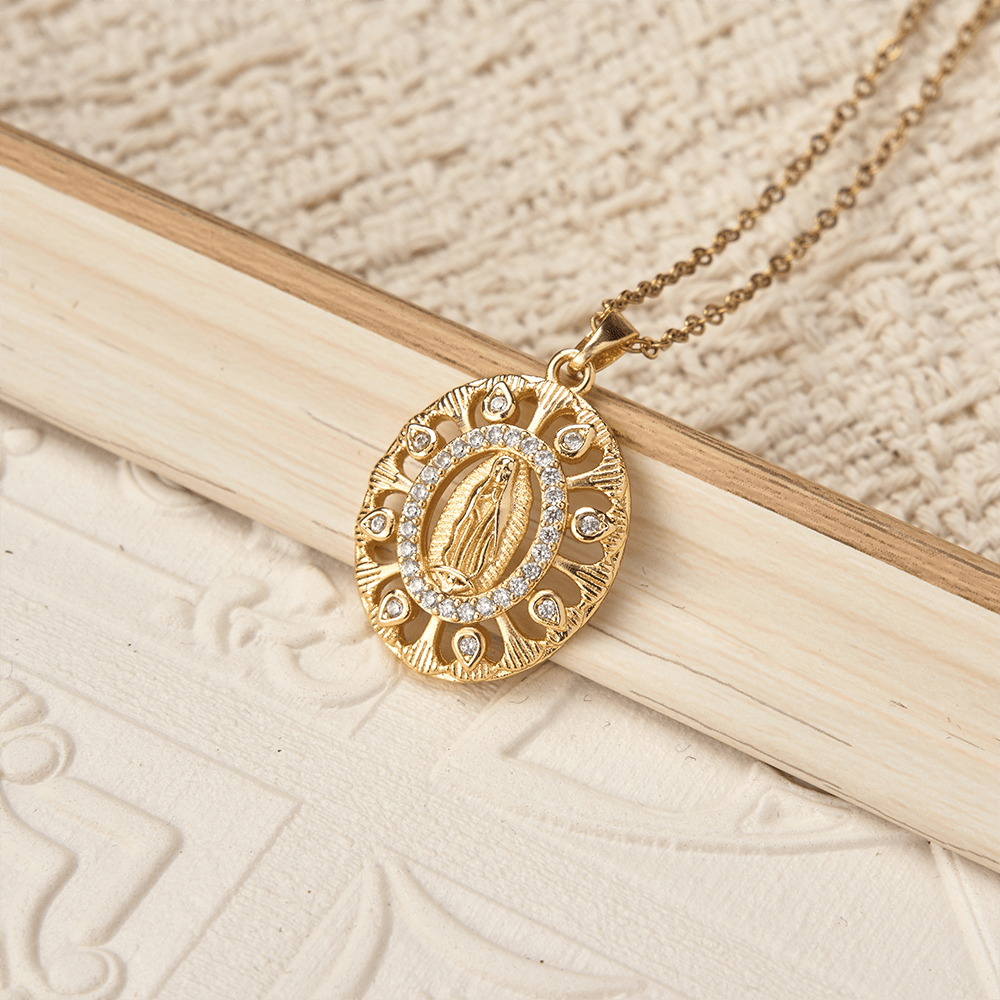 Golden Filigree Our Lady of Guadalupe Pendant Necklace: A Symbol of Marian Grace and Timeless Beauty