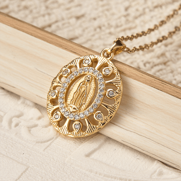 Golden Filigree Our Lady of Guadalupe Pendant Necklace: A Symbol of Marian Grace and Timeless Beauty