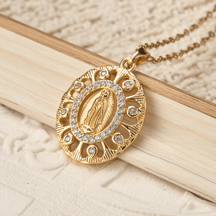 Golden Filigree Our Lady of Guadalupe Pendant Necklace: A Symbol of Marian Grace and Timeless Beauty
